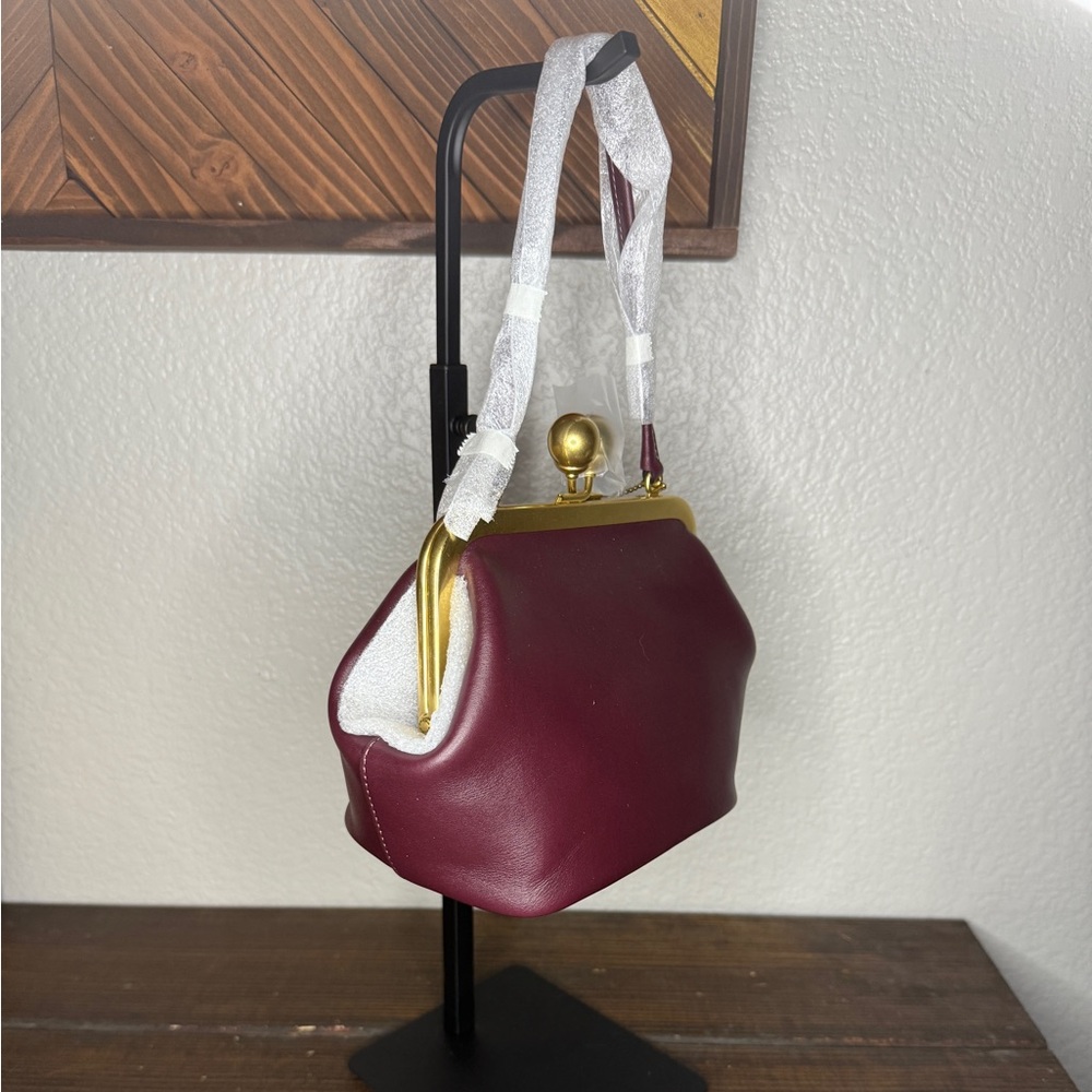Coach Kisslock Frame Bag 16 in Brass/Black Currant Glovetanned Leather NWT - Picture 4 of 6